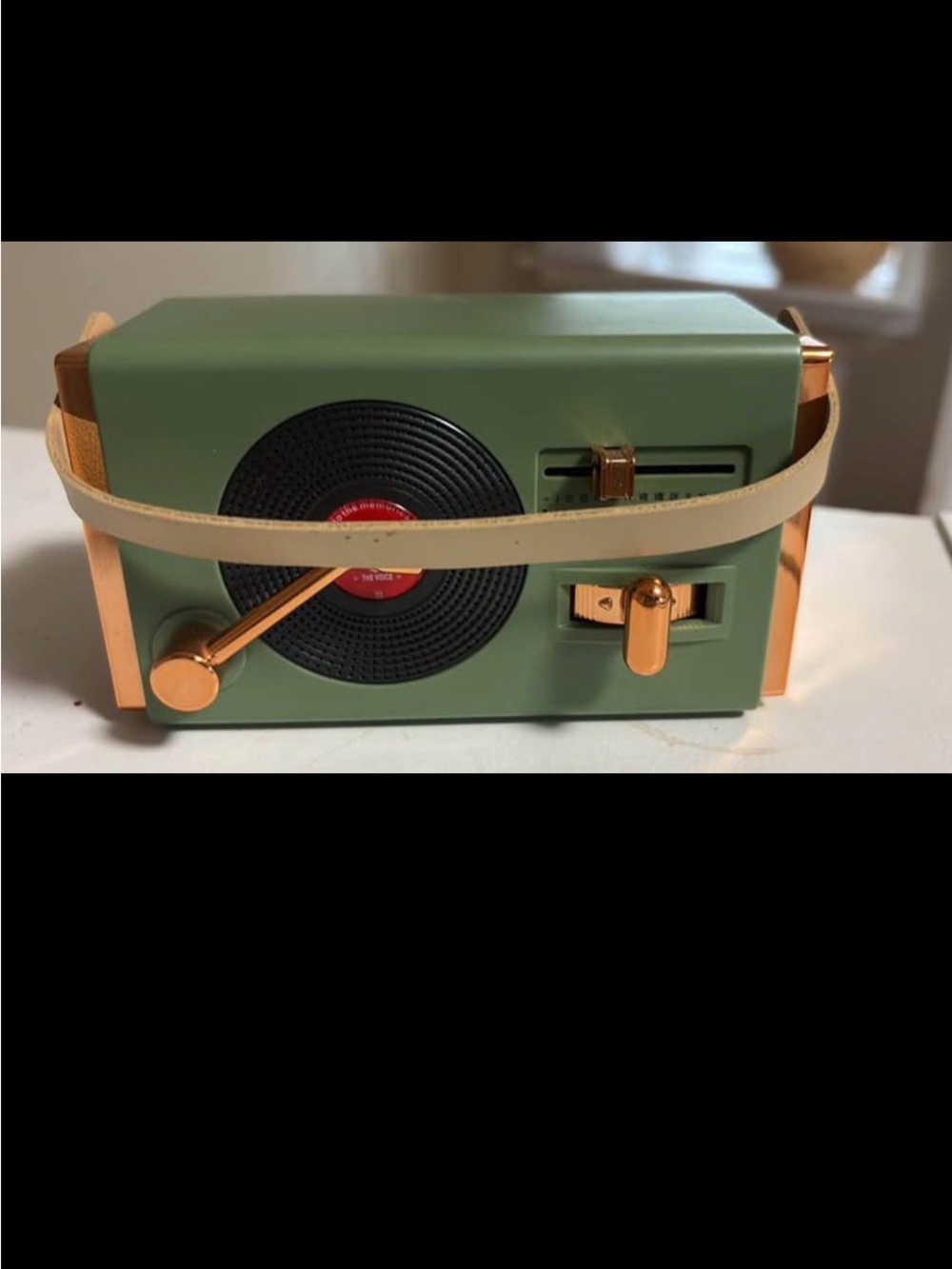 heyday Green Portable Bluetooth Radio with Gold Accents and Beige Strap